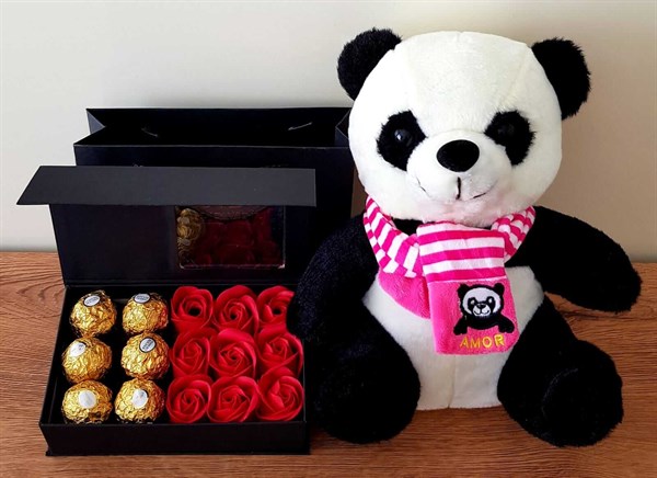Sevimli Panda Kırmızı Gül Kutusunda Ferrero Rocher Çikolatalı Hediye Set HEDİYE