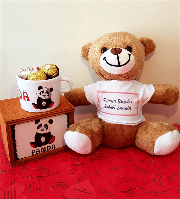 Sevgiliye Hediye Romantik Ayıcık Rocher ve Raffaello Çikolata Kutulu Panda Kupa HEDİYE