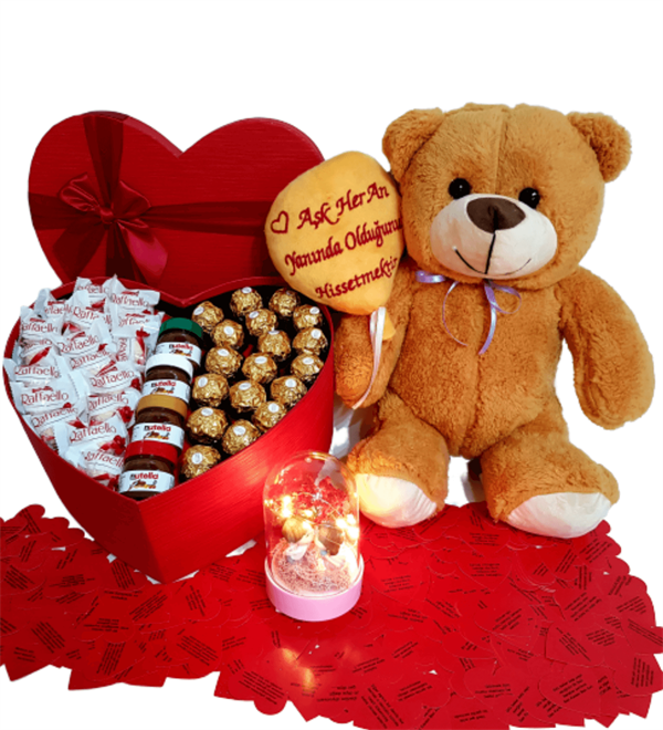 Sevgiliye Hediye Kalp Kutu Karışık Çikolata Aşık Ayıcık Aşkın Büyüsü Işıklı Fanus HEDİYE