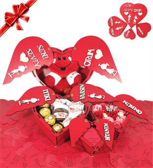 Kişiye Özel Aşk Kulesi 4 Kalp Kutu Sevgiliye Mutlu Aşıklar Kar Küresi Pembe Çerçeve Çikolata Hediye Seti Hediye Setleri