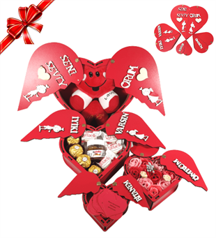 Balonlu Aşıklar Biblo Kişiye Özel Sarı Çerçeveli Fotoğraflı Aşk Kulesi 4 Adet Kalp Kutuda Çikolata Seti Hediye Setleri
