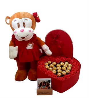Cuci Elbiseli Ayakta Maymun 50 Cm Büyük Kalp Kutu Rocher Çikolata İyiki Doğdun Kişiye Özel;