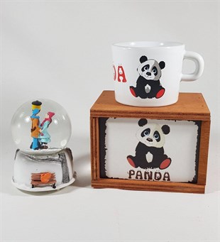 Sevdiklerinize Hediye  Panda Kutulu Kupa Seti Ölümsüz Aşıklar Kar Küresi Hediye Set Sevgiliye Hediye