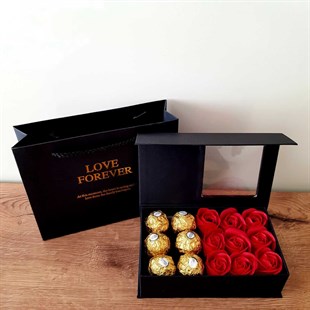 Kırmızı Gül Kutusunda Ferrero Rocher Çikolata ile Sevdiklerinize Özel Hediye Set HEDİYE