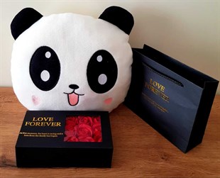 Özel Hediye Panda Yastık ve Hediye Kırmızı Gül Kutusunda Ferrero Rocher Çikolata HEDİYE