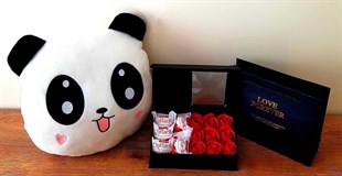 Hediye Panda Yastık ve Hediye Kırmızı Gül Kutusunda Raffaello Rocher  Çikolata HEDİYE
