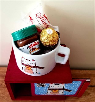 Rocher Raffaello Nutella Çikolata Minnoş Kedi Kutulu Kupa Hediye Seti HEDİYE