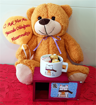 Sevgiliye Hediye Ayıcıklı Rocher ve Raffaello Çikolata Kutulu Kedi Kupa Hediye