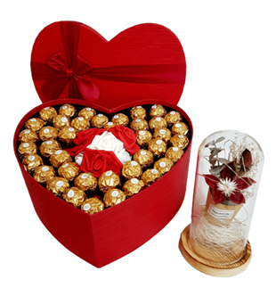 Sevgiliye Hediye Büyük Kalp Kutu Rocher Çikolata Işıklı Gül Fanus HEDİYE