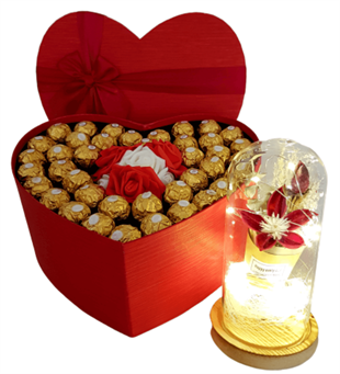 Sevgiliye Hediye Büyük Kalp Kutu Rocher Çikolata Işıklı Gül Fanus HEDİYE