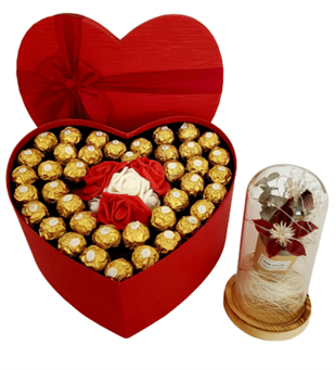 Sevgiliye Hediye Büyük Kalp Kutu Rocher Çikolata Işıklı Gül Fanus