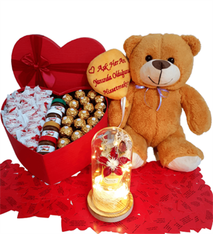 Sevgiliye Hediye Kalp Kutu Karışık Çikolata Aşık Pelüş Ayıcık Gül Kutu Fanus