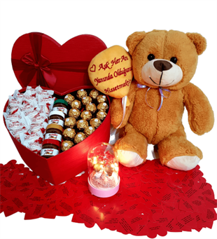 Sevgiliye Hediye Kalp Kutu Karışık Çikolata Aşık Ayıcık Aşkın Büyüsü Işıklı Fanus HEDİYE