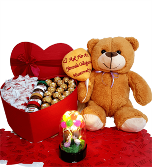 Sevgiliye Hediye Kalp Çikolata Aşık Ayıcık Aşkın Büyüsü Işıklı Balonlu Fanus HEDİYE