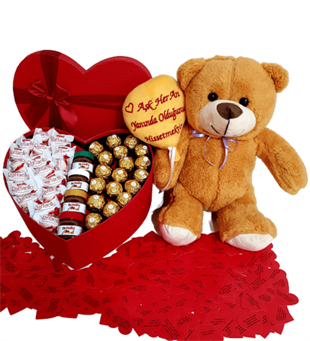 Sevgiliye Hediye Kalp Kutu Karışık Çikolata Aşık Pelüş Ayıcık 365 Sevgi Sözleri HEDİYE