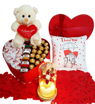 Sevgiliye Hediye Çikolata I Love You Mesaj Özel Set Ayıcık, Işıklı Gül Fanus