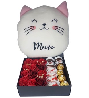 Sevgiliye Hediye Kırmızı Gül Kutusunda Karışık Çikolata Mıyav Kedi Yastık Hediye Seti HEDİYE