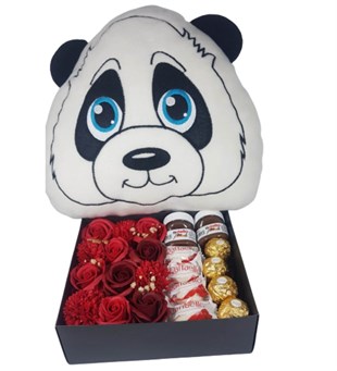 Sevgiliye Hediye Kırmızı Gül Kutusunda Karışık Çikolata Miskin Panda  Yastık Hediye HEDİYE